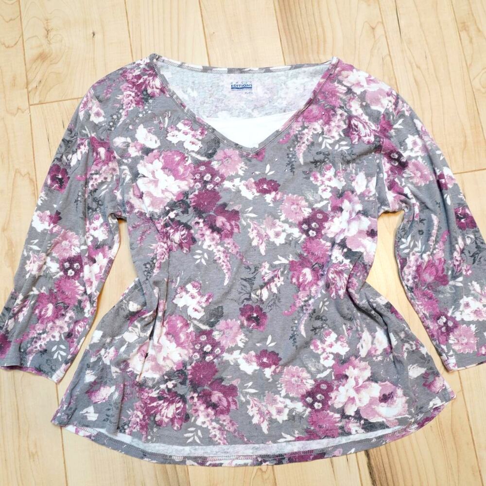 Basic Editions Floral Tunic Top Gray Pink XL
